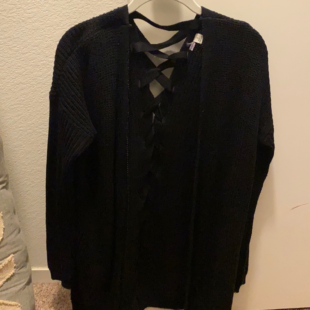 Francescas Black Chunky Knit Sweater Lace Back